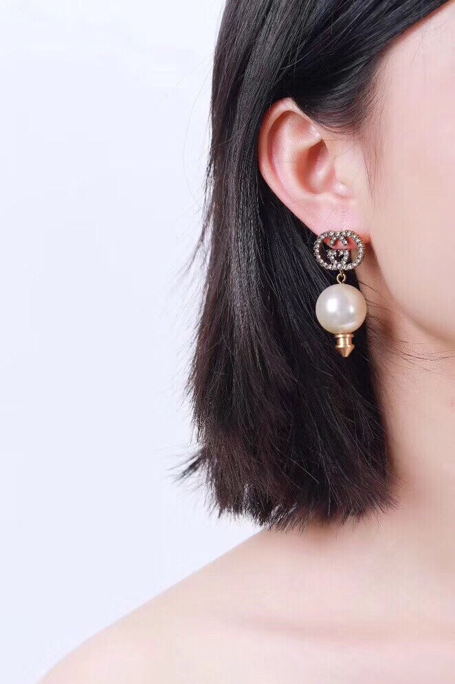 18K Double Gucci Pearl Pendant Earrings