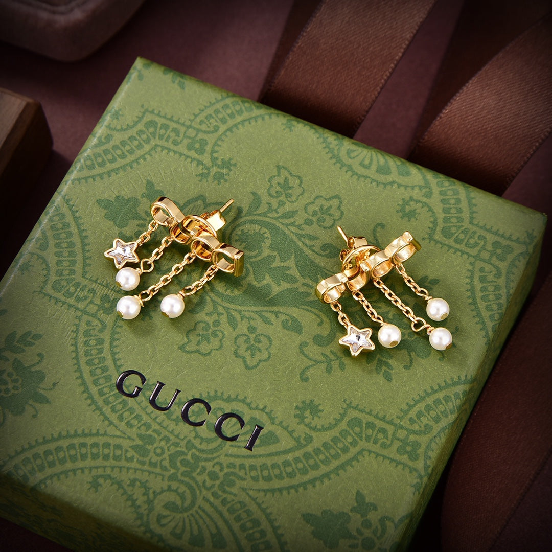 18K Double Gucci Script Pearl Earrings