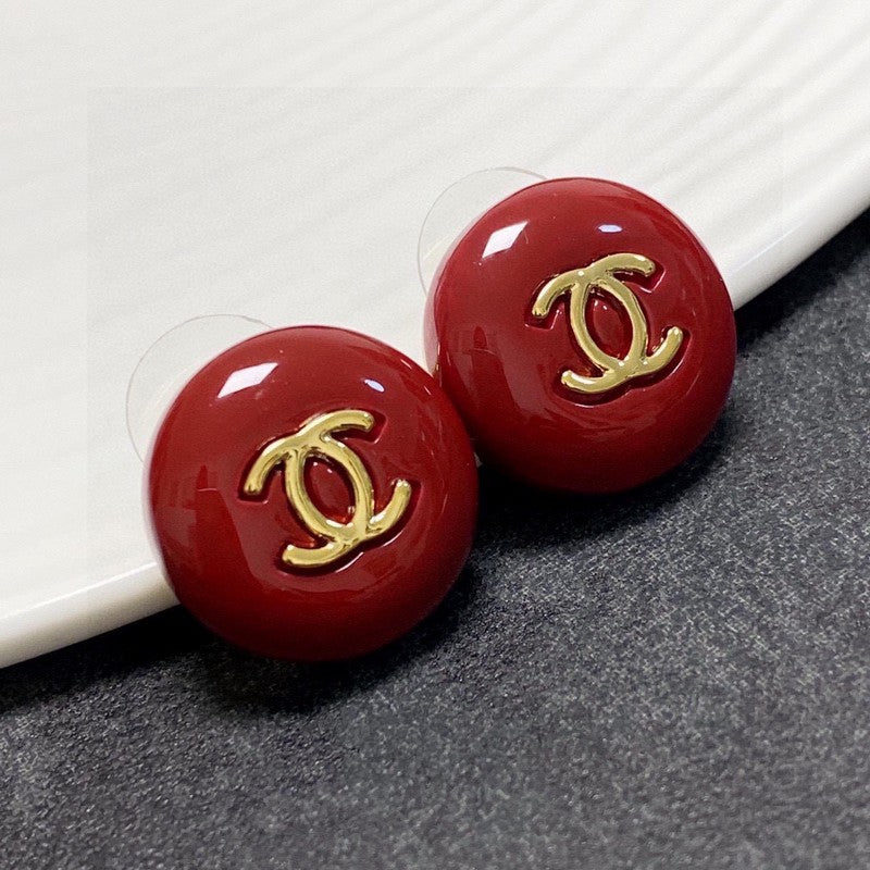 18K  Chanel Wine Red Round Earrings