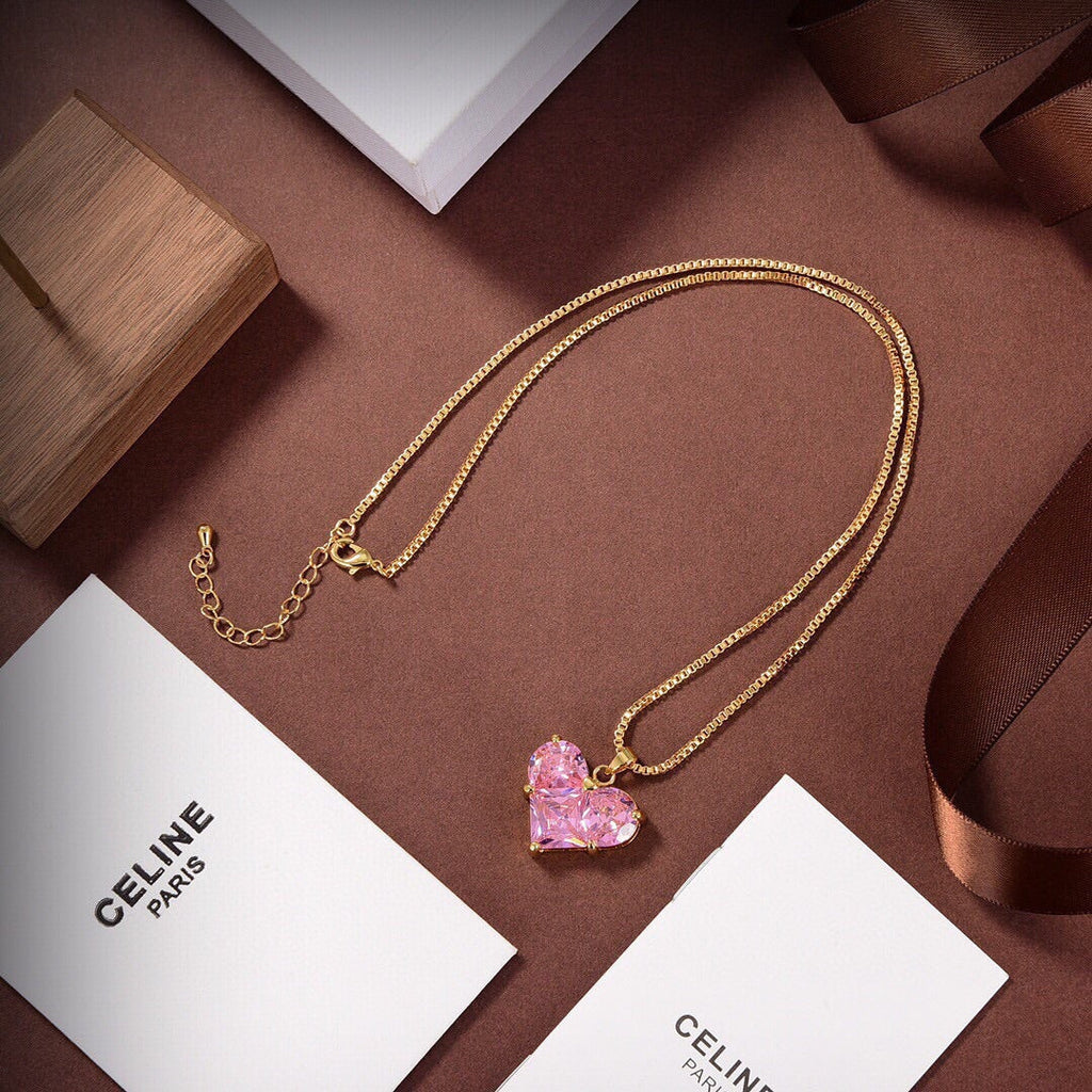 18K Celine Pink Heart Crystal Necklace