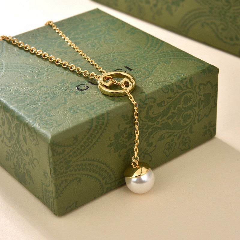 18K Double Gucci Blondie Pearl Drop Necklace