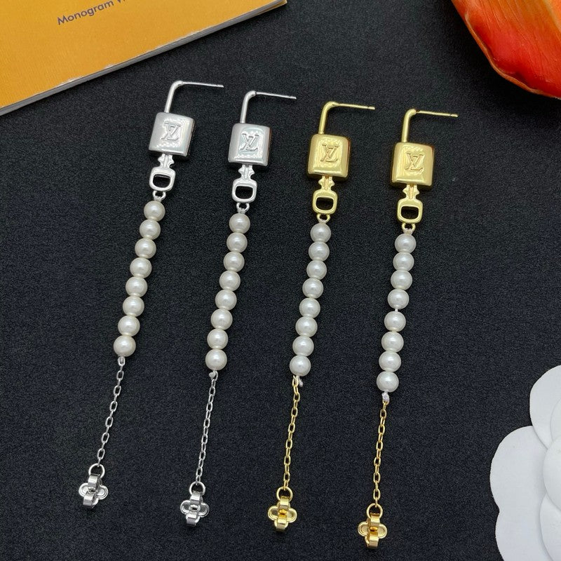 18K Louis Vuitton Pearl Lock Gold Earrings