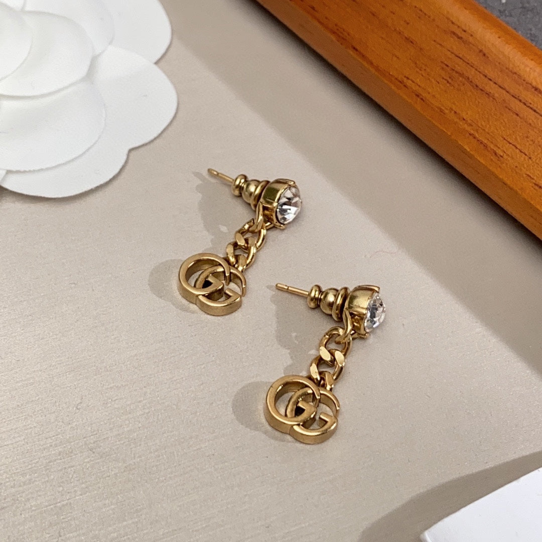 18K Double Gucci Crystal Chain Earrings
