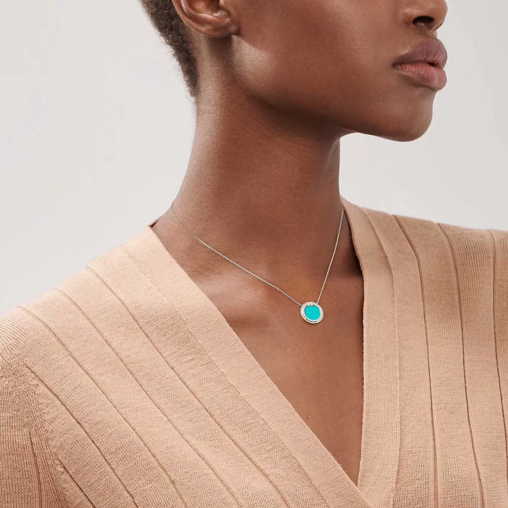 18K Tiffany Diamond & Turquoise Circle Pendant Necklace