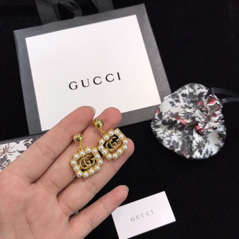 18K Double Gucci Square Pearl Earrings