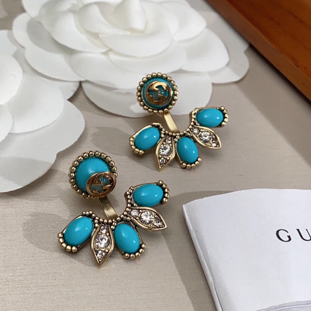 18K Double Gucci Blue Flowers Earrings