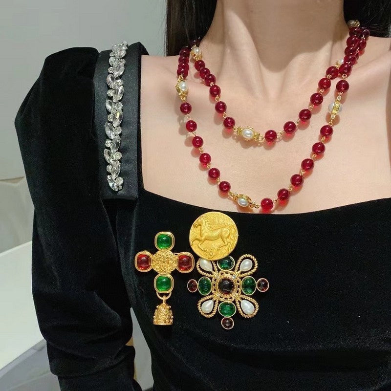 18K  Chanel Long Red & White Pearls Necklace