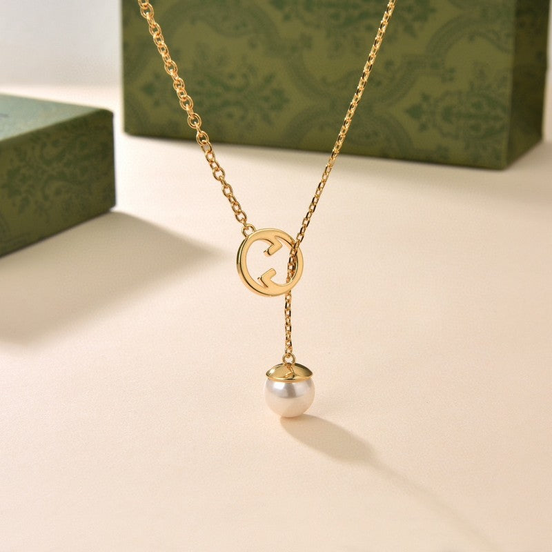 18K Double Gucci Blondie Pearl Drop Necklace