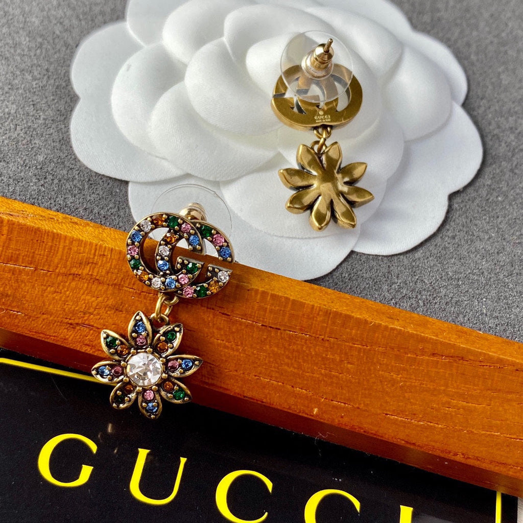 18K Double Gucci Flower Pendant Earrings