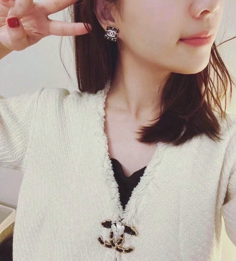 18K  Chanel Square Leather Earrings