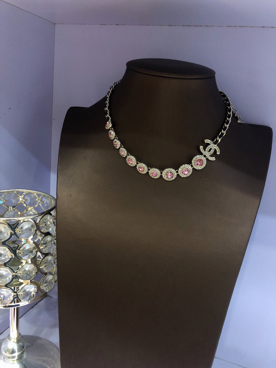 18K  Chanel Pink Crystals Leather Necklace