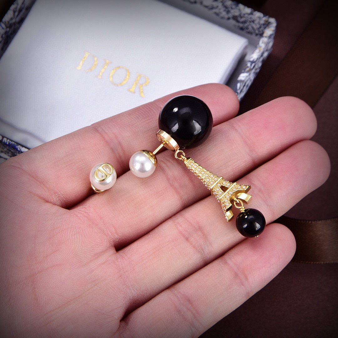 18K Dior Tribales Eiffel Tower Charm Black Pearls Earrings