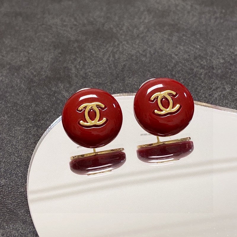 18K  Chanel Wine Red Round Earrings