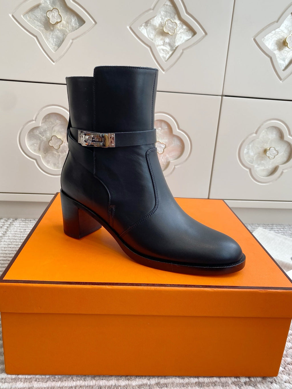 HERMES 25S FRENCHIE 50 ANKLE BOOT 50 MM IN BLACK LAMBSKIN WITH SILVER HARDWARE