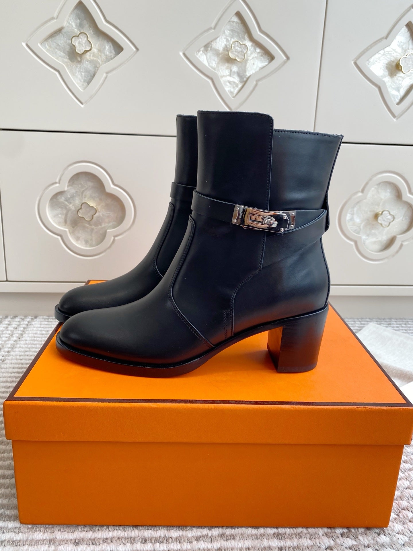 HERMES 25S FRENCHIE 50 ANKLE BOOT 50 MM IN BLACK LAMBSKIN WITH SILVER HARDWARE