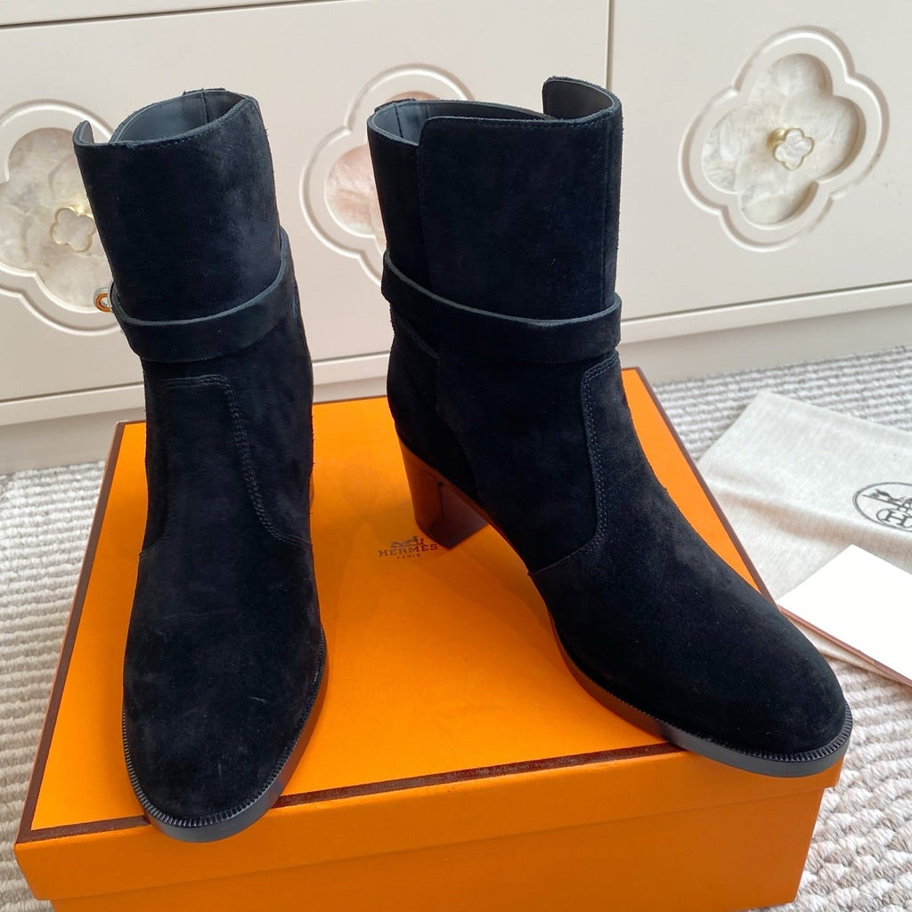 HERMES 25S FRENCHIE 50 ANKLE BOOT 50 MM IN BLACK SUEDE WITH SILVER HARDWARE