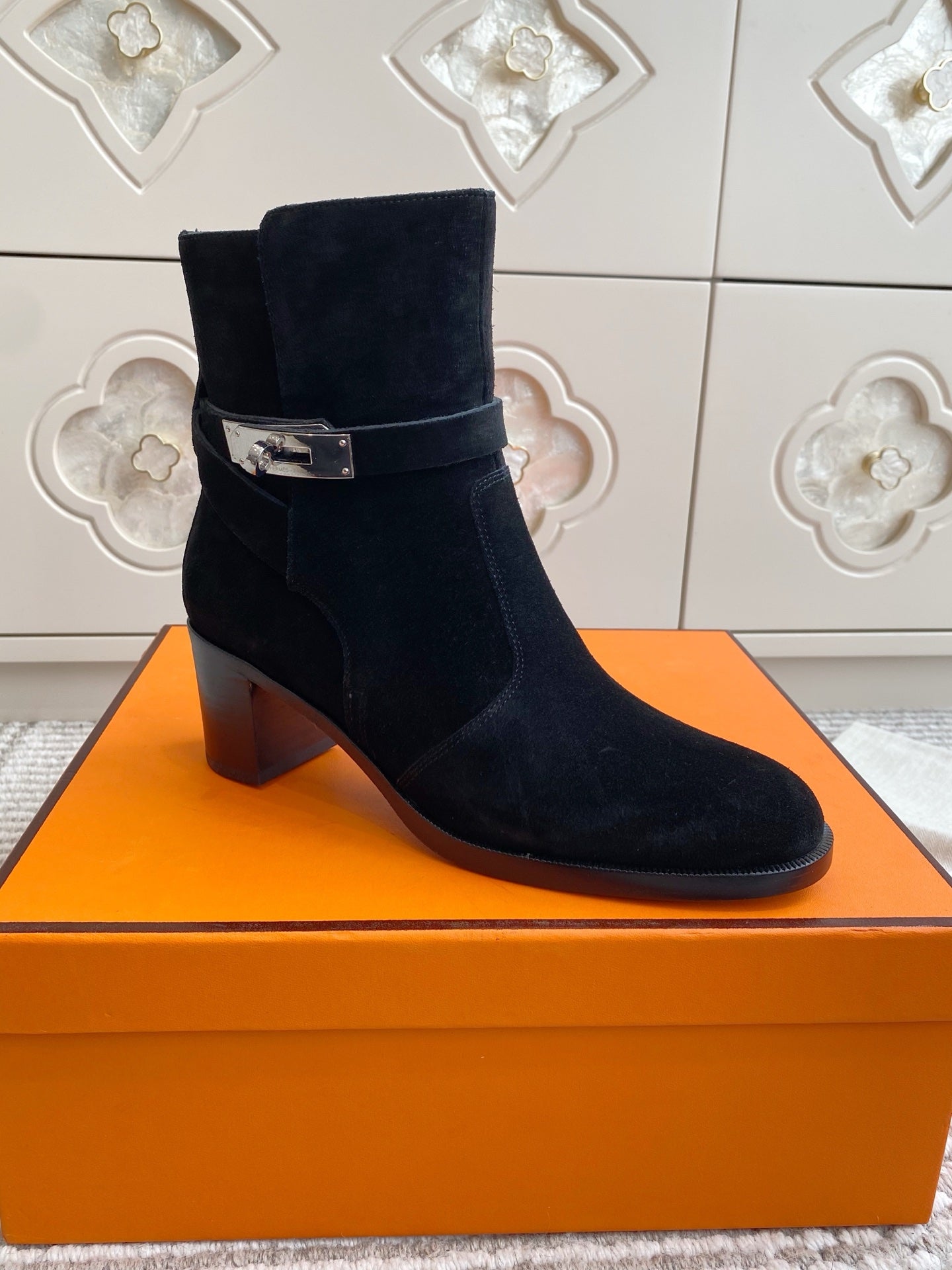 HERMES 25S FRENCHIE 50 ANKLE BOOT 50 MM IN BLACK SUEDE WITH SILVER HARDWARE