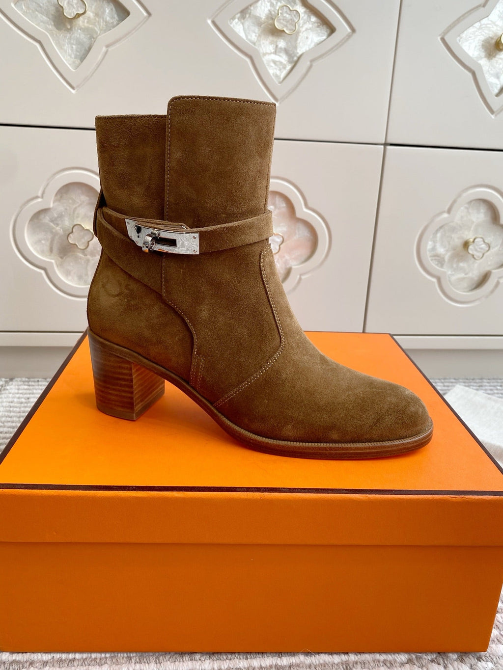 HERMES 25S FRENCHIE 50 ANKLE BOOT 50 MM IN BROWN SUEDE WITH SILVER HARDWARE