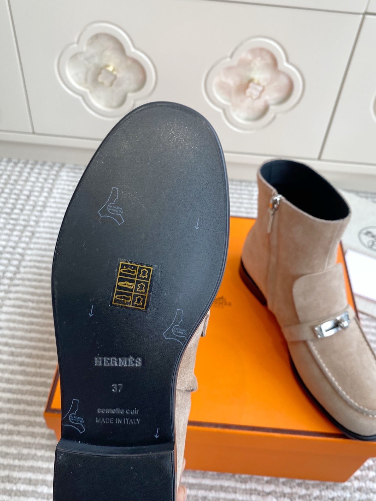 HERMES 25S KELSY ANKLE BOOT IN EARTHY BROWN-GRAY SUEDE WITH SILVER HARDWARE