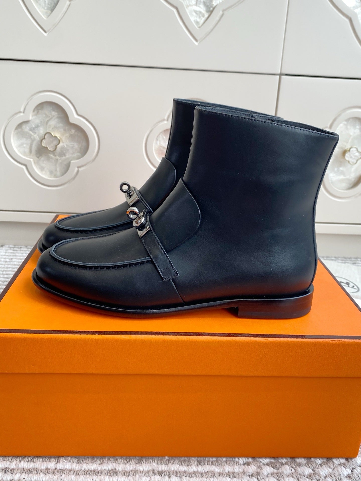 HERMES 25S KELSY ANKLE BOOT IN BLACK LAMBSKIN WITH SILVER HARDWARE