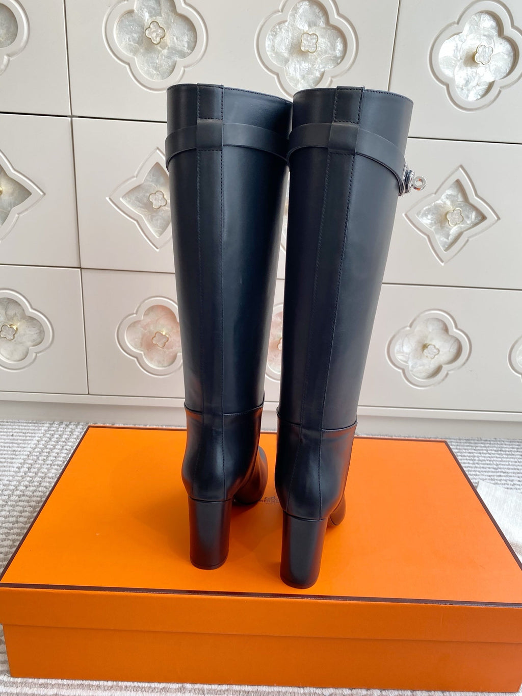 HERMES 25S TALL BOOTS 90 MM IN BLACK LAMBSKIN WITH SILVER HARDWARE