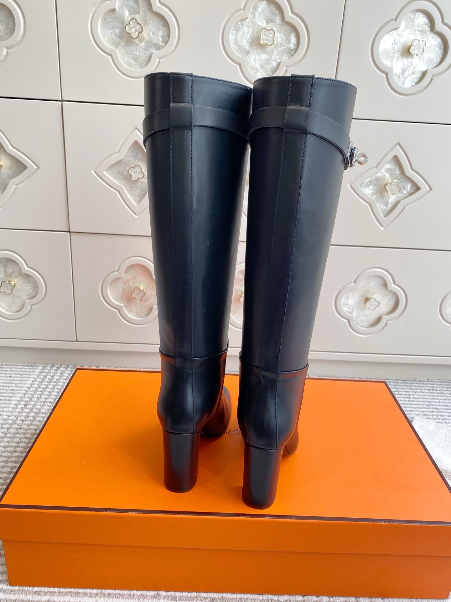 HERMES 25S TALL BOOTS 90 MM IN BLACK LAMBSKIN WITH SILVER HARDWARE