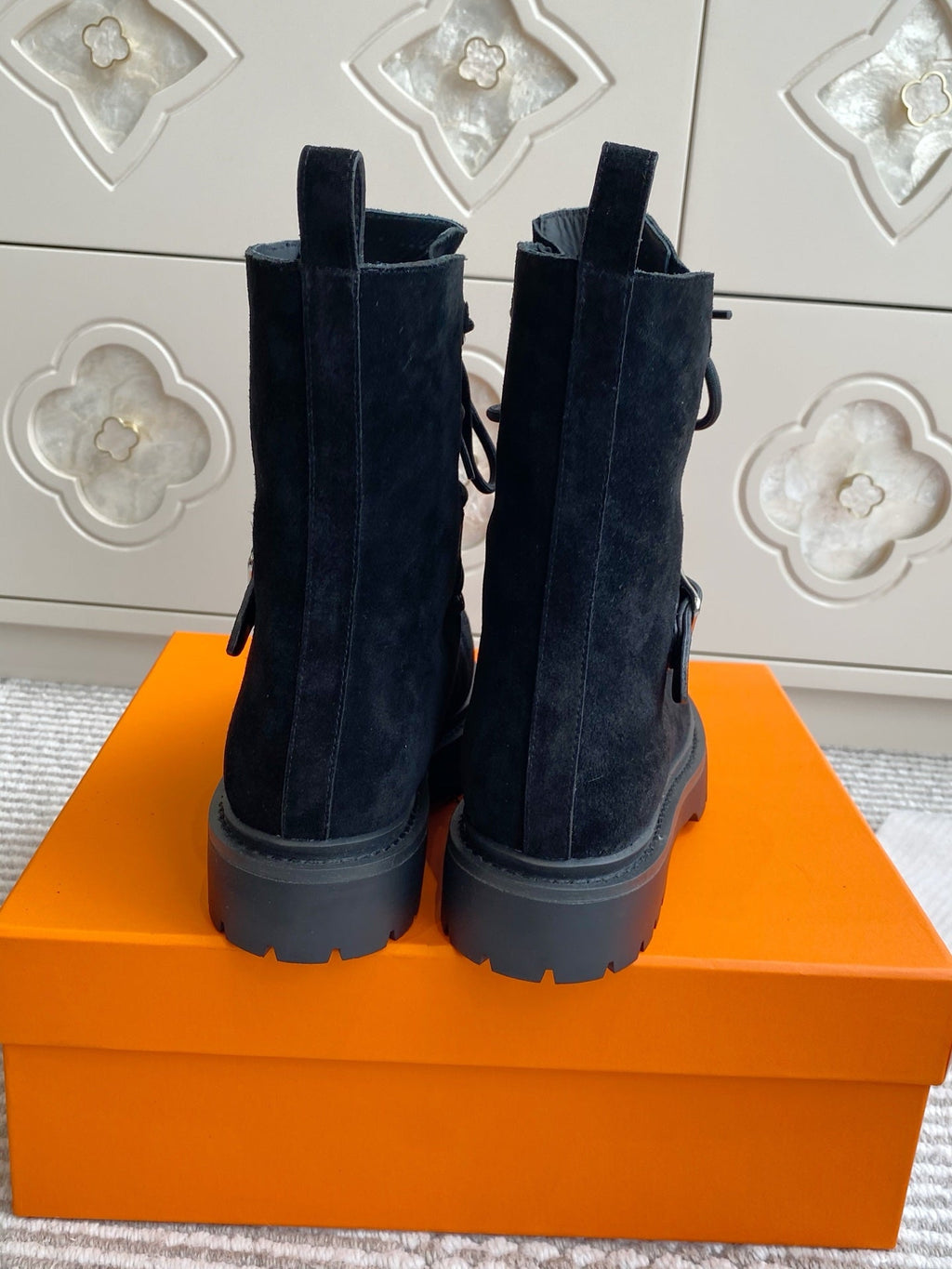 HERMES 25S ANKLE BOOTS IN BLACK SUEDE