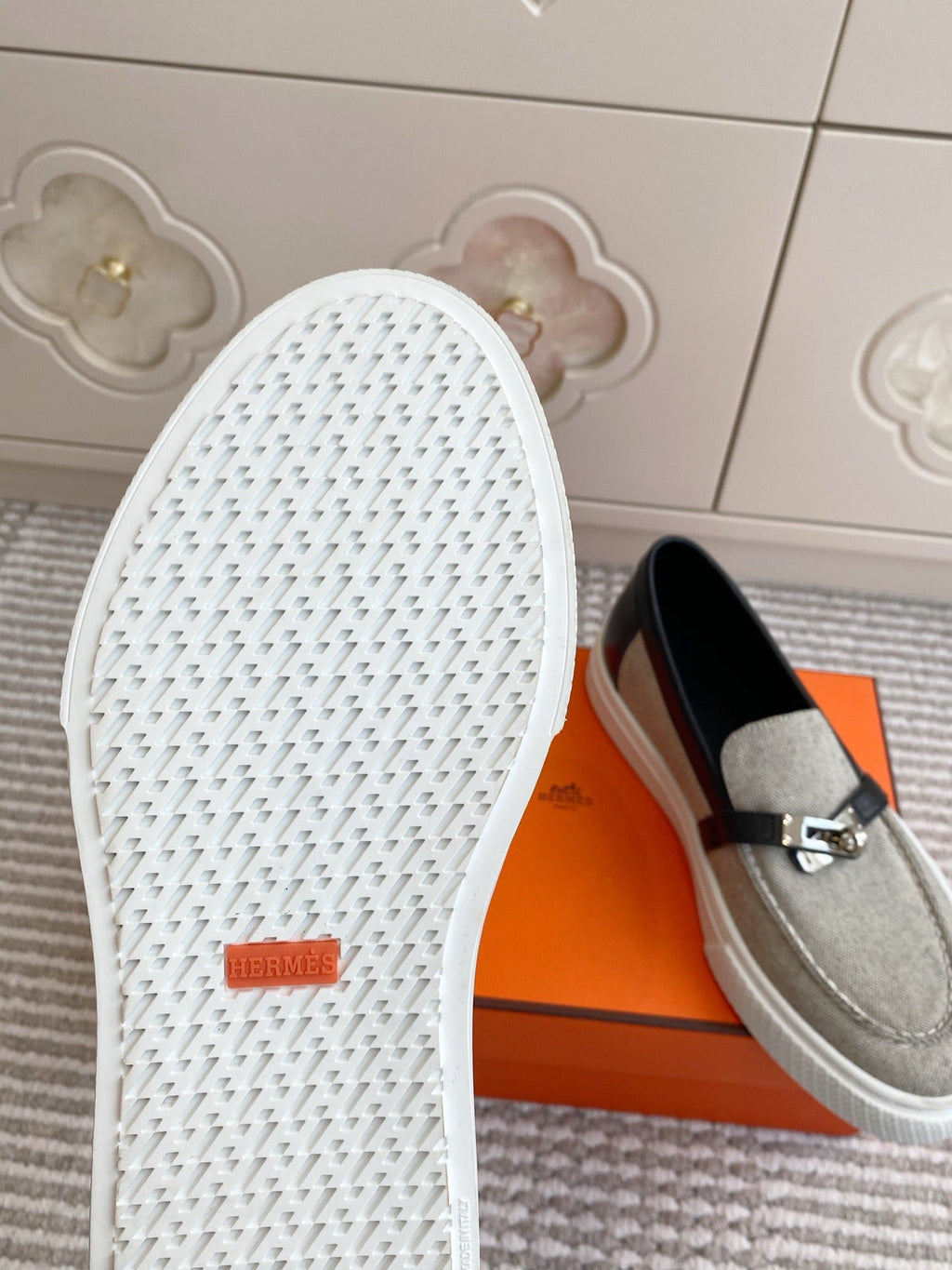 HERMES 25S SLIP-ON IN GREY CANVAS AND BLACK LAMBSKIN WITH SILVER HARDWARE
