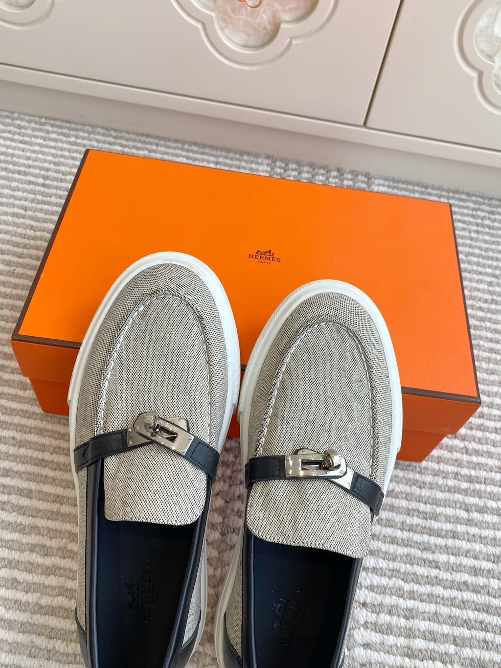 HERMES 25S SLIP-ON IN GREY CANVAS AND BLACK LAMBSKIN WITH SILVER HARDWARE