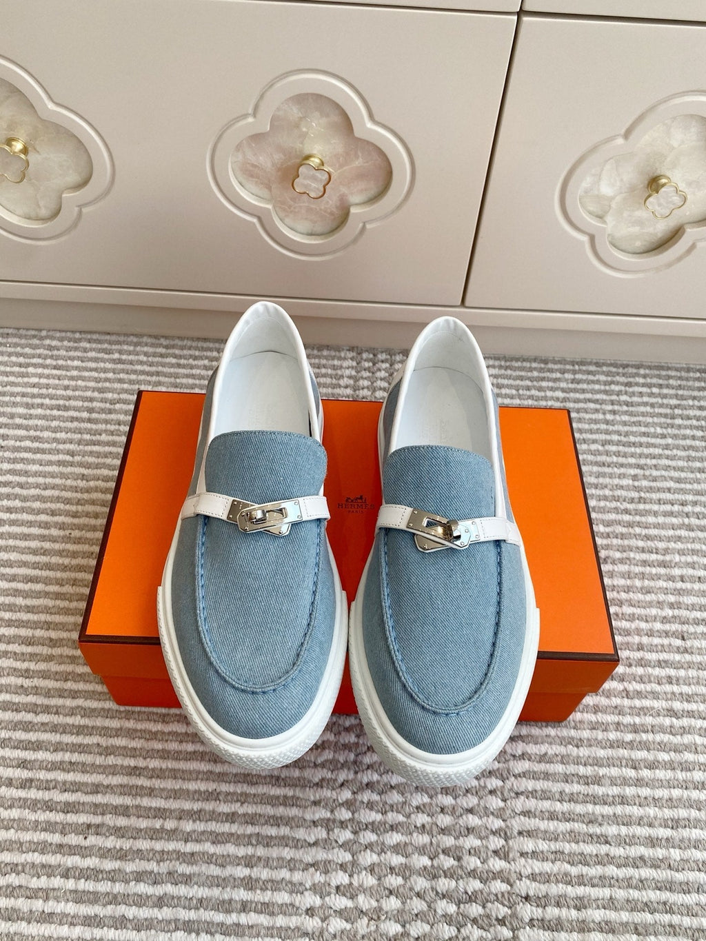 HERMES 25S SLIP-ON IN SKY BLUE CANVAS WITH SILVER HARDWARE