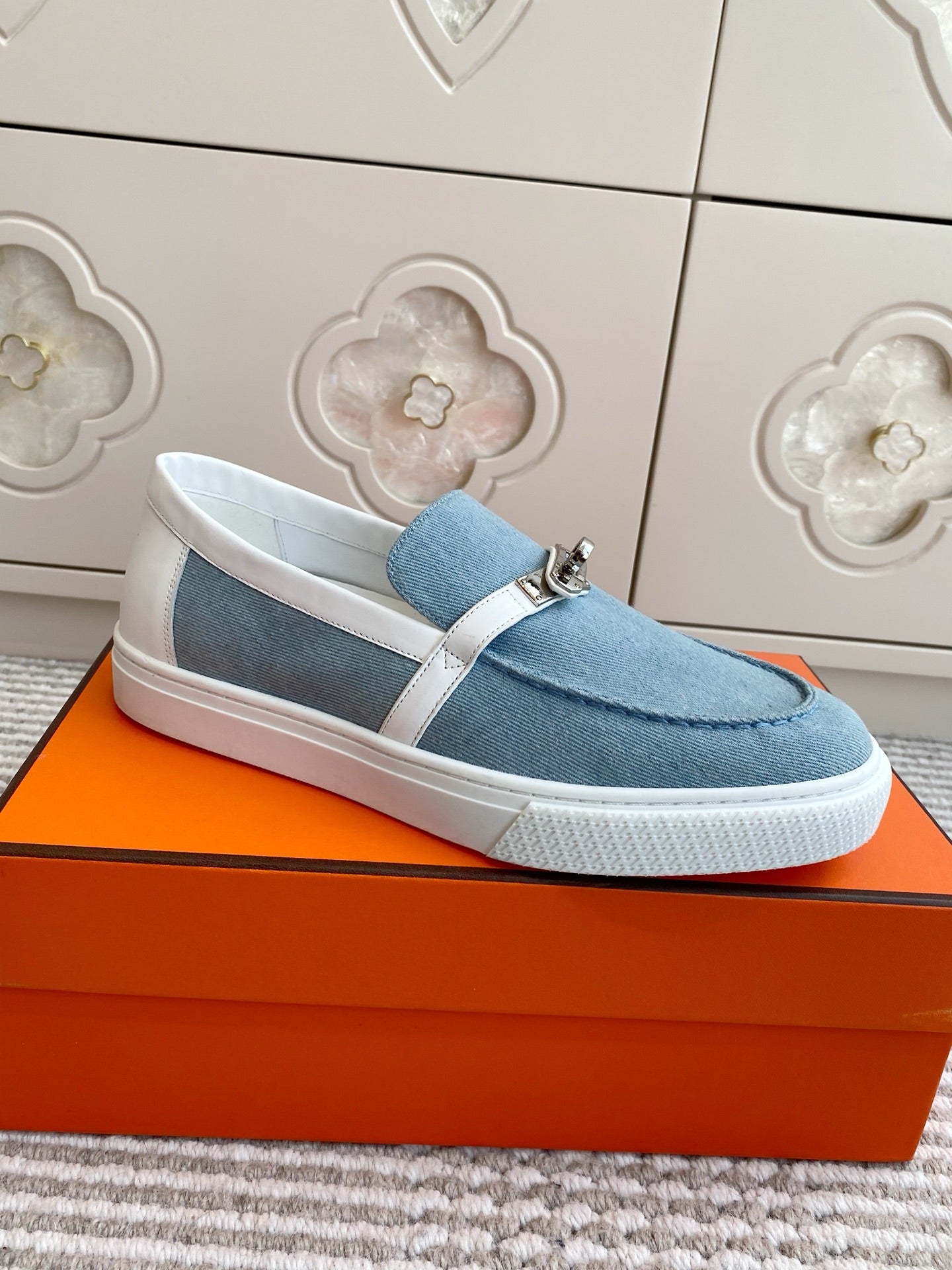 HERMES 25S SLIP-ON IN SKY BLUE CANVAS WITH SILVER HARDWARE