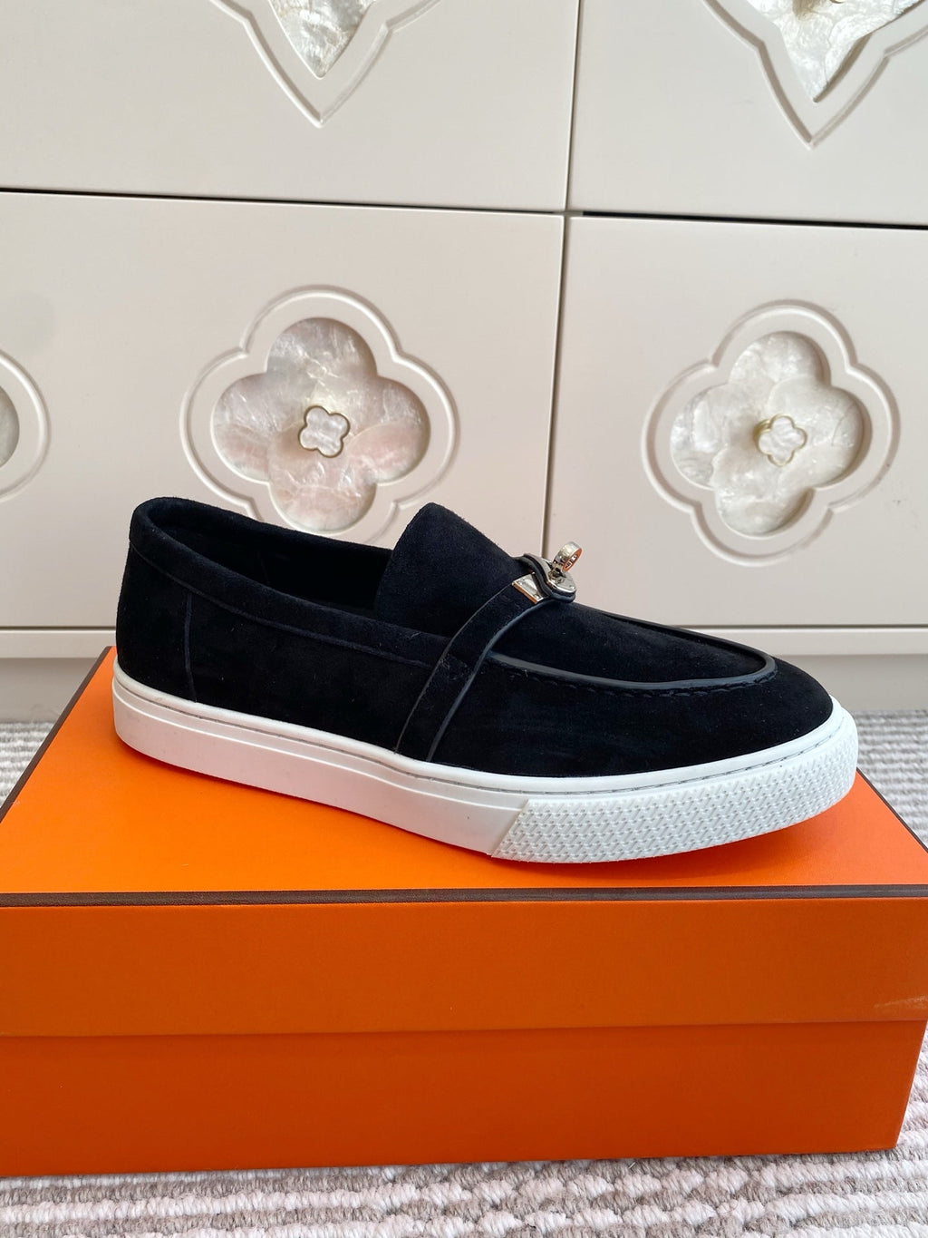 HERMES 25S SLIP-ON IN BLACK SUEDE WITH SILVER HARDWARE