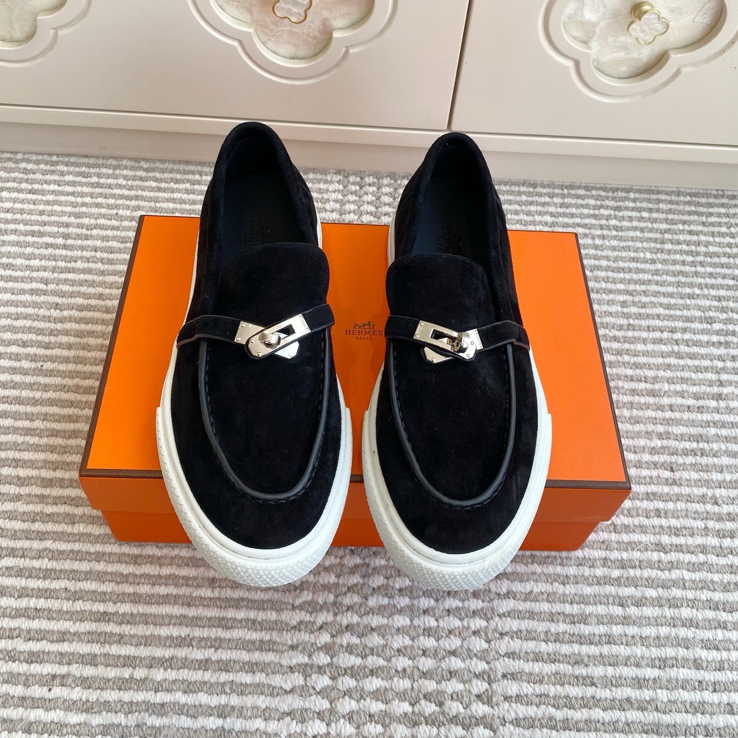 HERMES 25S SLIP-ON IN BLACK SUEDE WITH SILVER HARDWARE