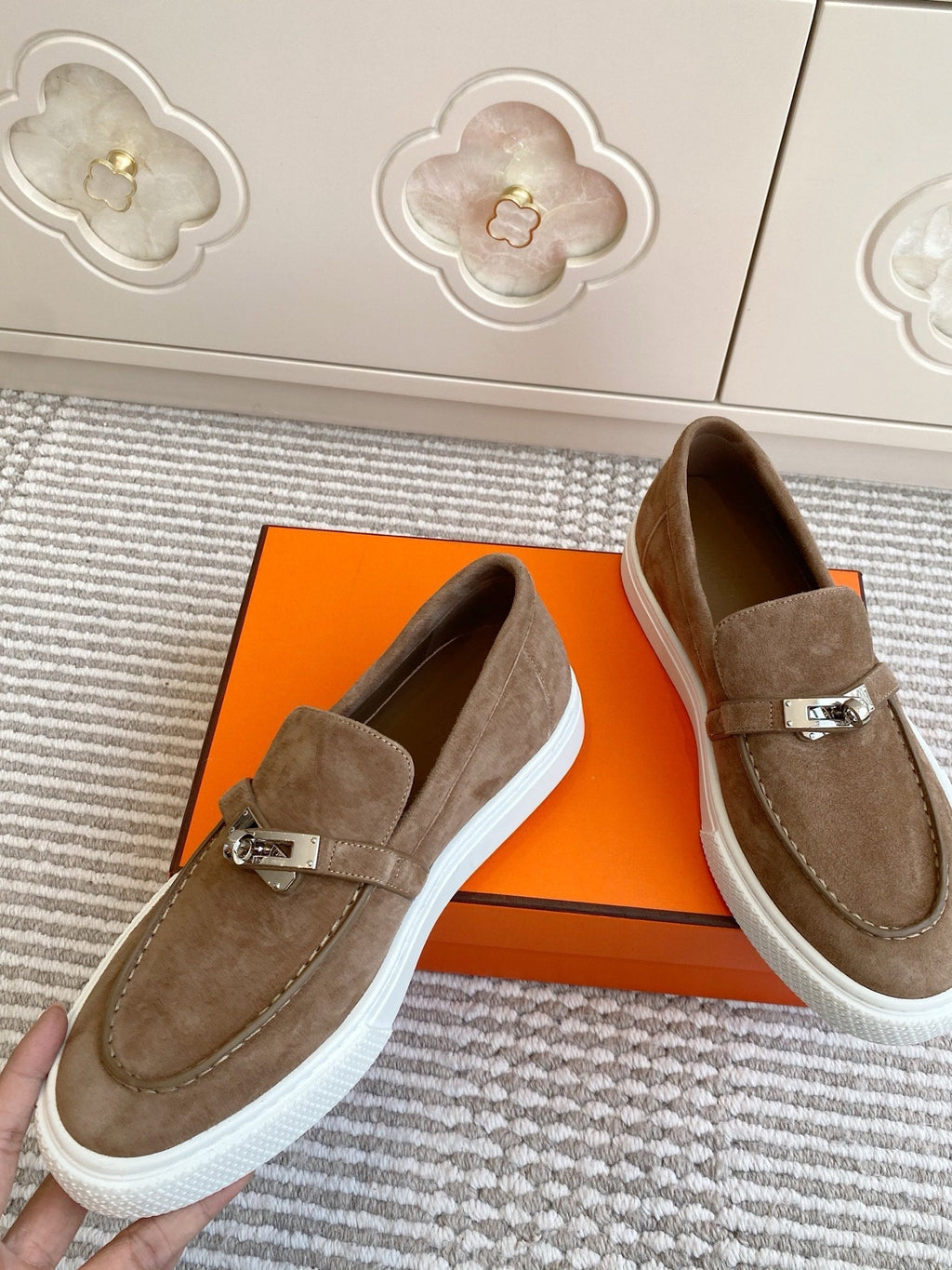 HERMES 25S SLIP-ON IN BROWN SUEDE WITH SILVER HARDWARE