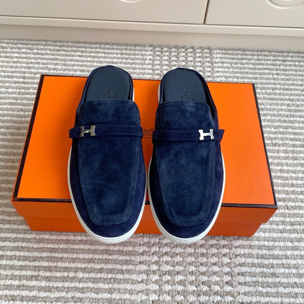 HERMES 25S MULES IN NAVY BLUE SUEDE WITH SILVER HARDWARE