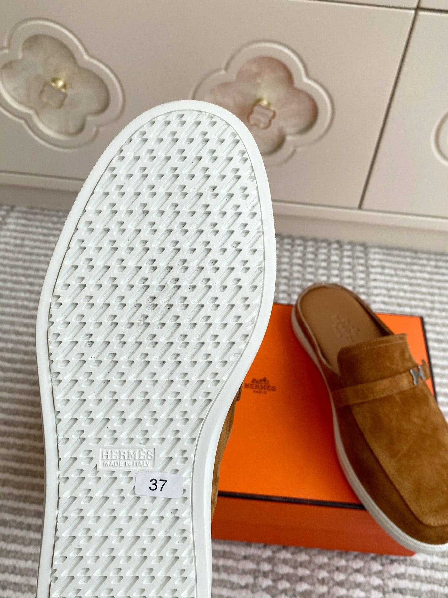 HERMES 25S MULES IN BROWN SUEDE WITH SILVER HARDWARE