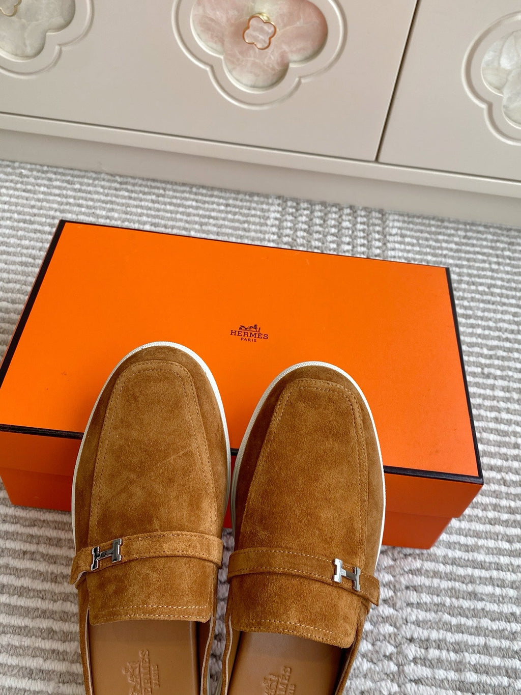 HERMES 25S MULES IN BROWN SUEDE WITH SILVER HARDWARE