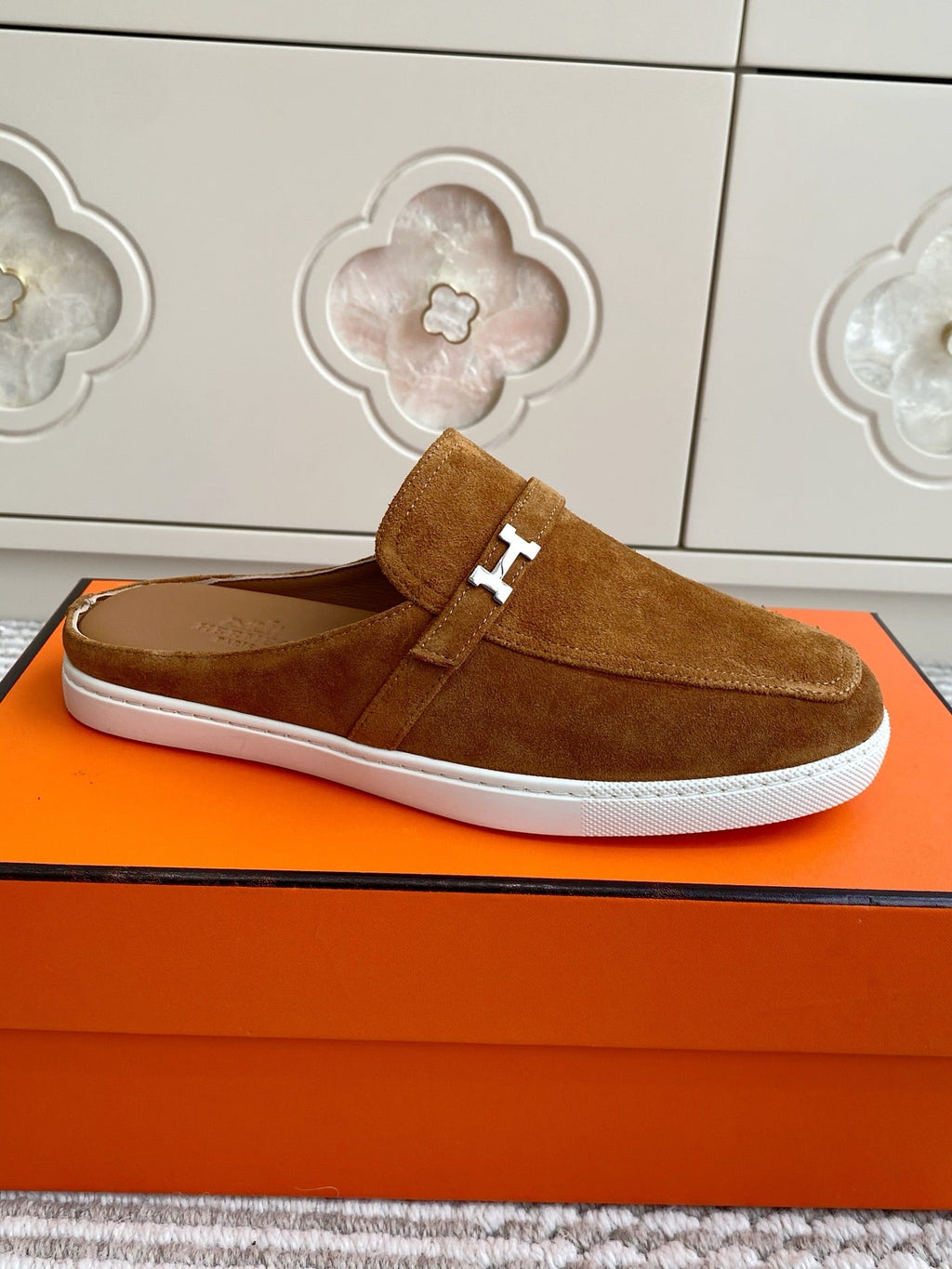 HERMES 25S MULES IN BROWN SUEDE WITH SILVER HARDWARE
