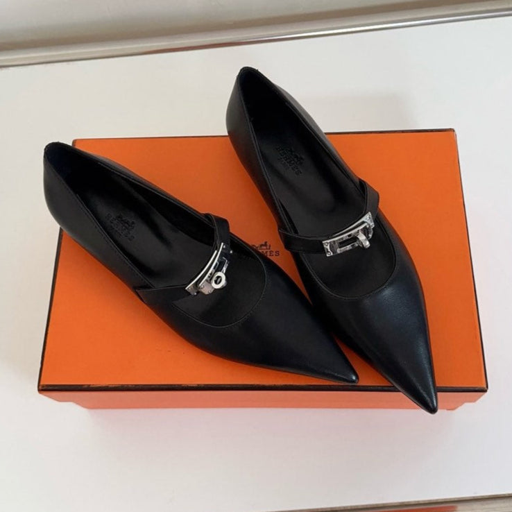 HERMES KIARA FLAT PUMP IN BLACK CALFSKIN