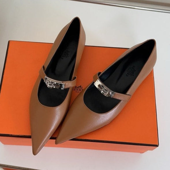 HERMES KIARA FLAT PUMP IN SEPIA BROWN CALFSKIN