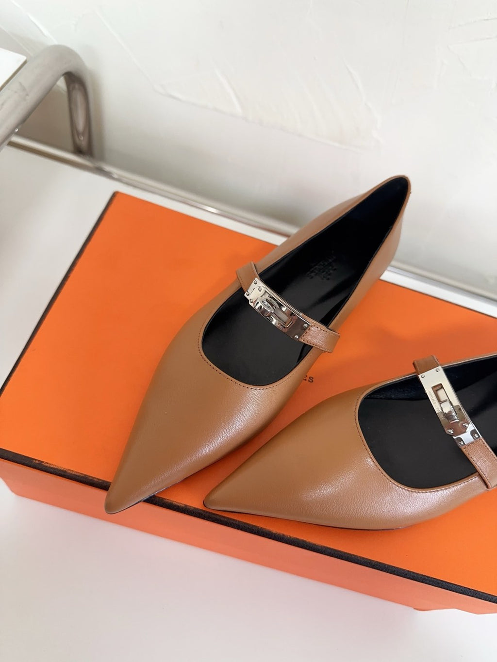 HERMES KIARA FLAT PUMP IN SEPIA BROWN CALFSKIN