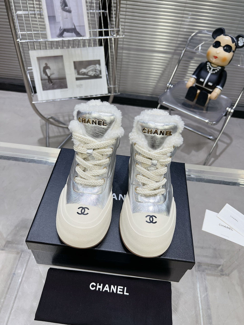CHANEL MARTIN BOOTS IN SILVER CALFSKIN AND LAMB FUR LINING