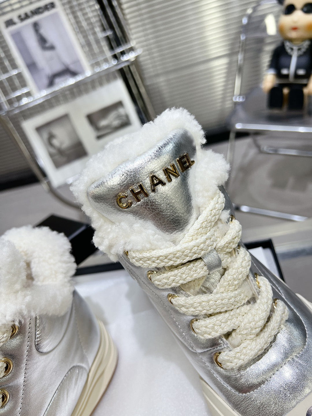 CHANEL MARTIN BOOTS IN SILVER CALFSKIN AND LAMB FUR LINING