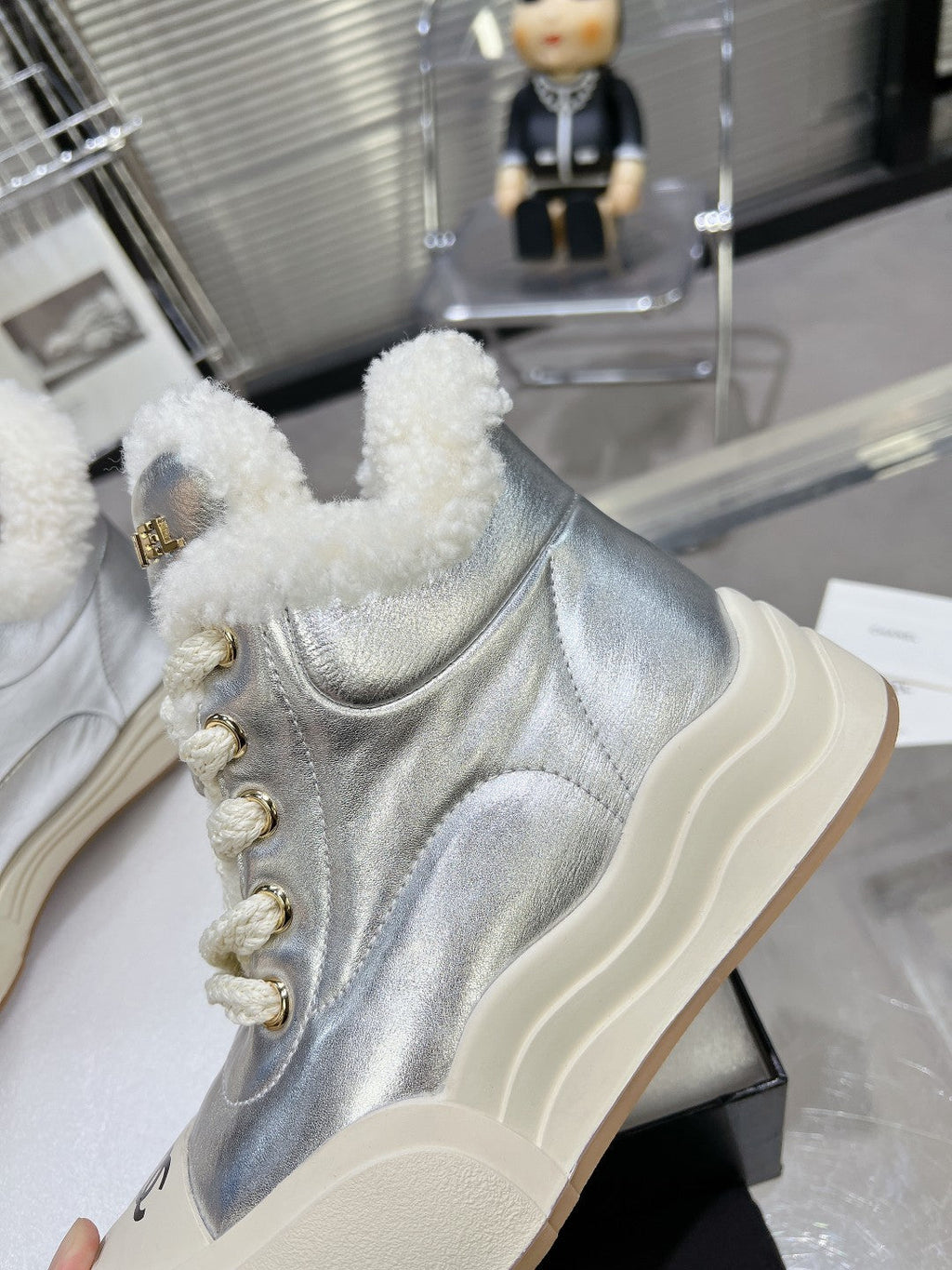 CHANEL MARTIN BOOTS IN SILVER CALFSKIN AND LAMB FUR LINING