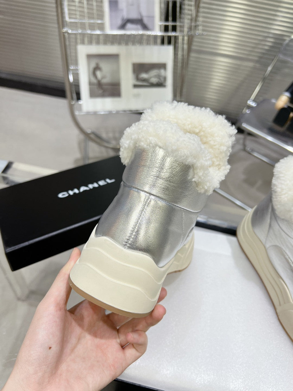 CHANEL MARTIN BOOTS IN SILVER CALFSKIN AND LAMB FUR LINING