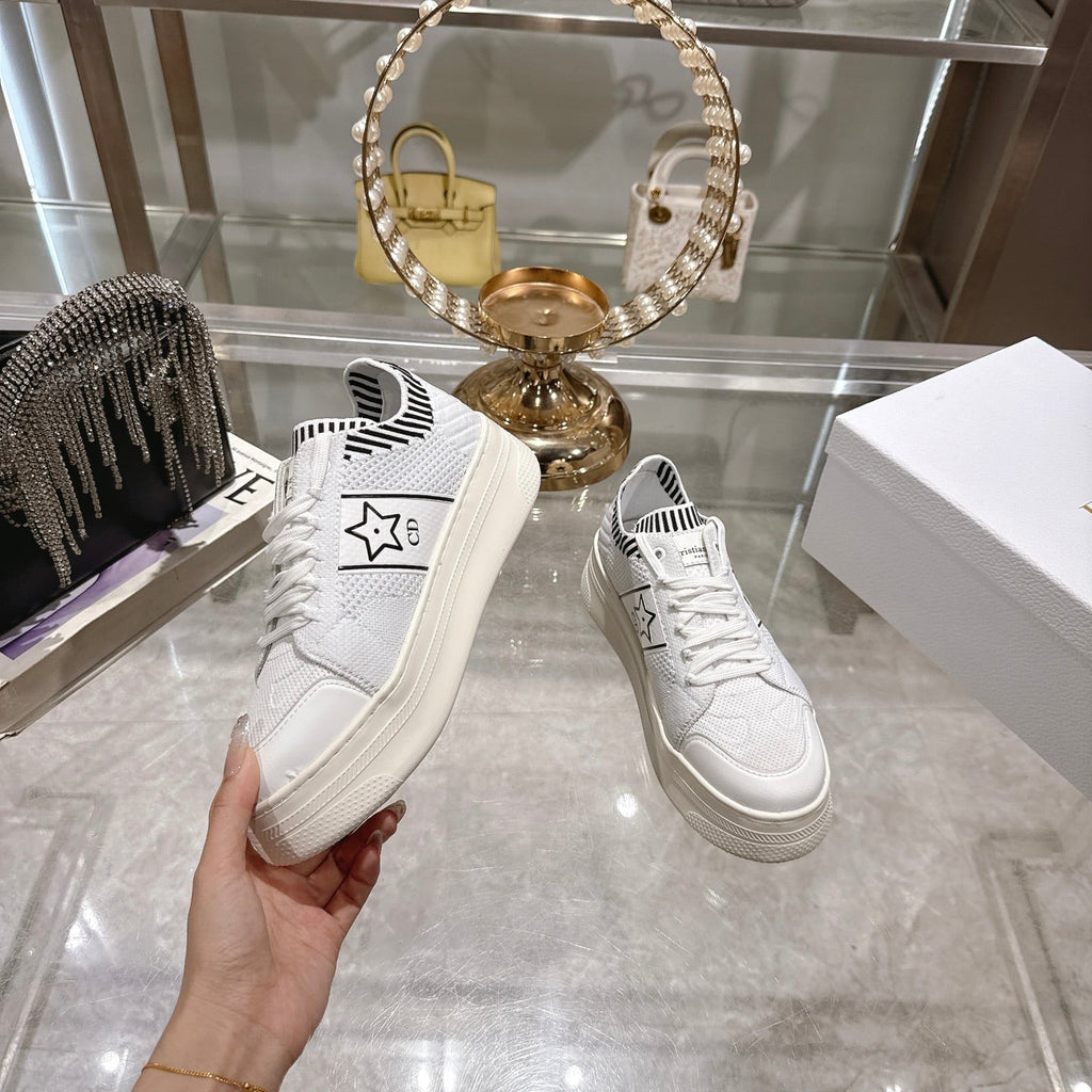 DIOR CD STAR SNEAKER 4CM IN WHITE MESH FABRIC BLACK STRIPE COLLAR DETAIL