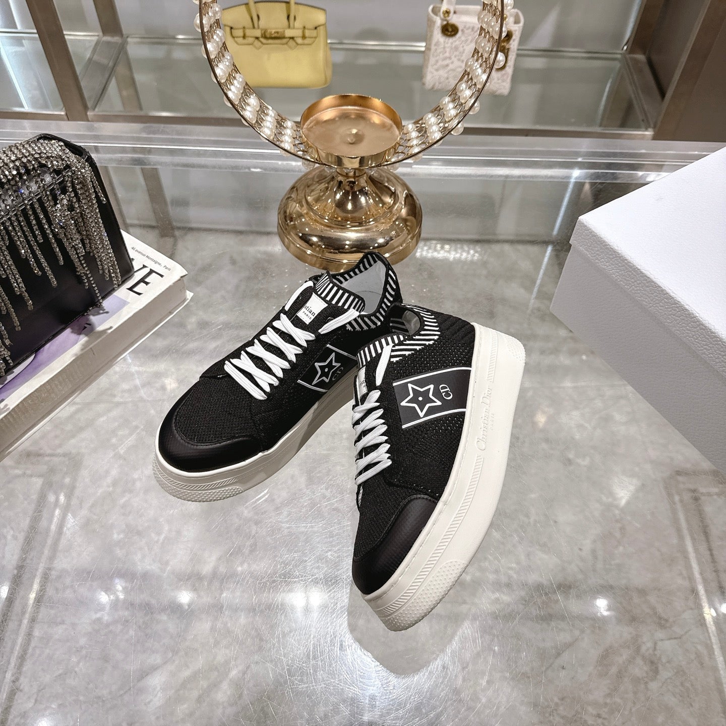 DIOR CD STAR SNEAKER 4CM IN BLACK AND WHITE MESH FABRIC