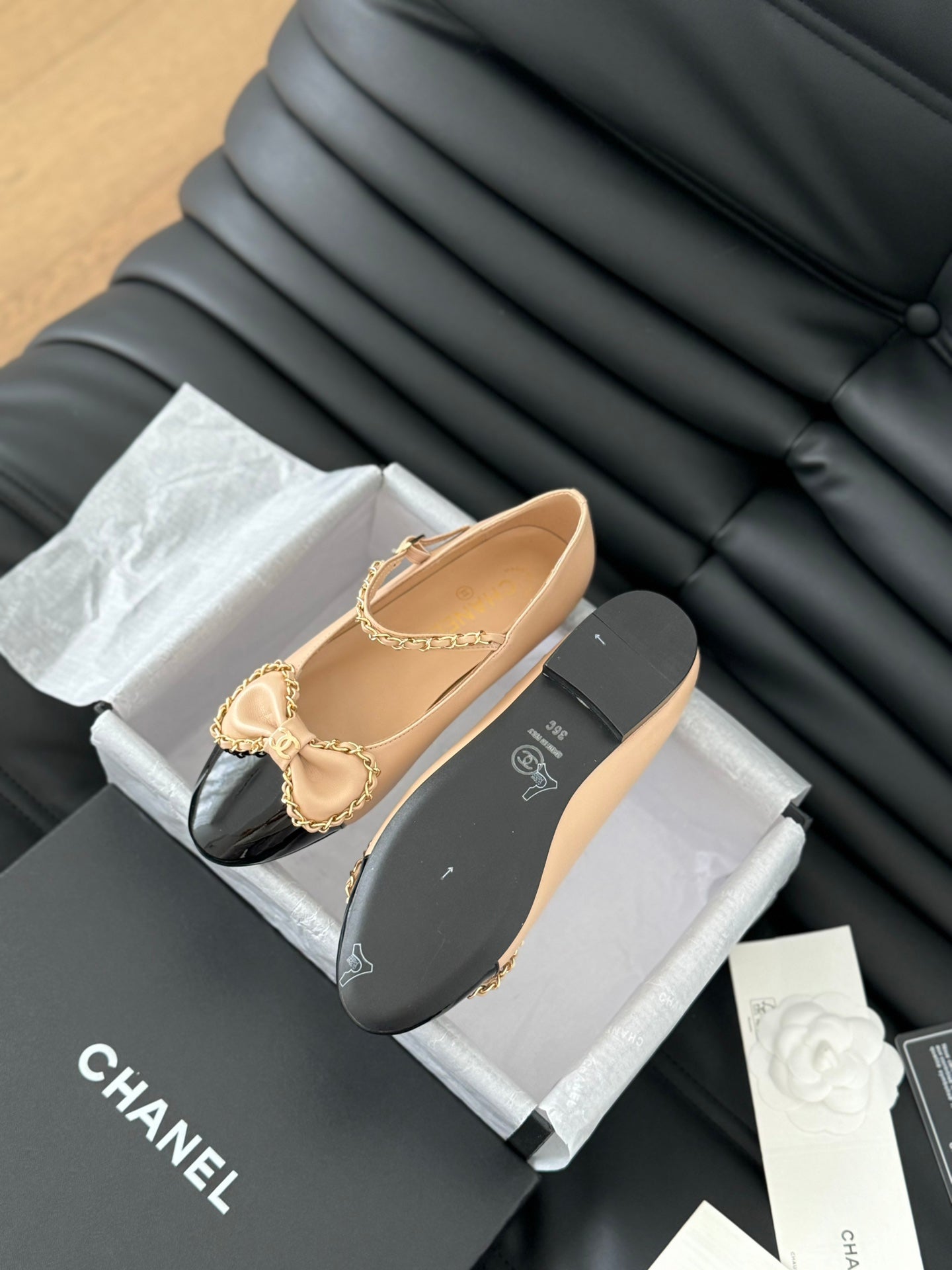 CHANEL BALLET FLATS IN SEPIA BEIGE LAMBSKIN WITH GOLD HARDWARE