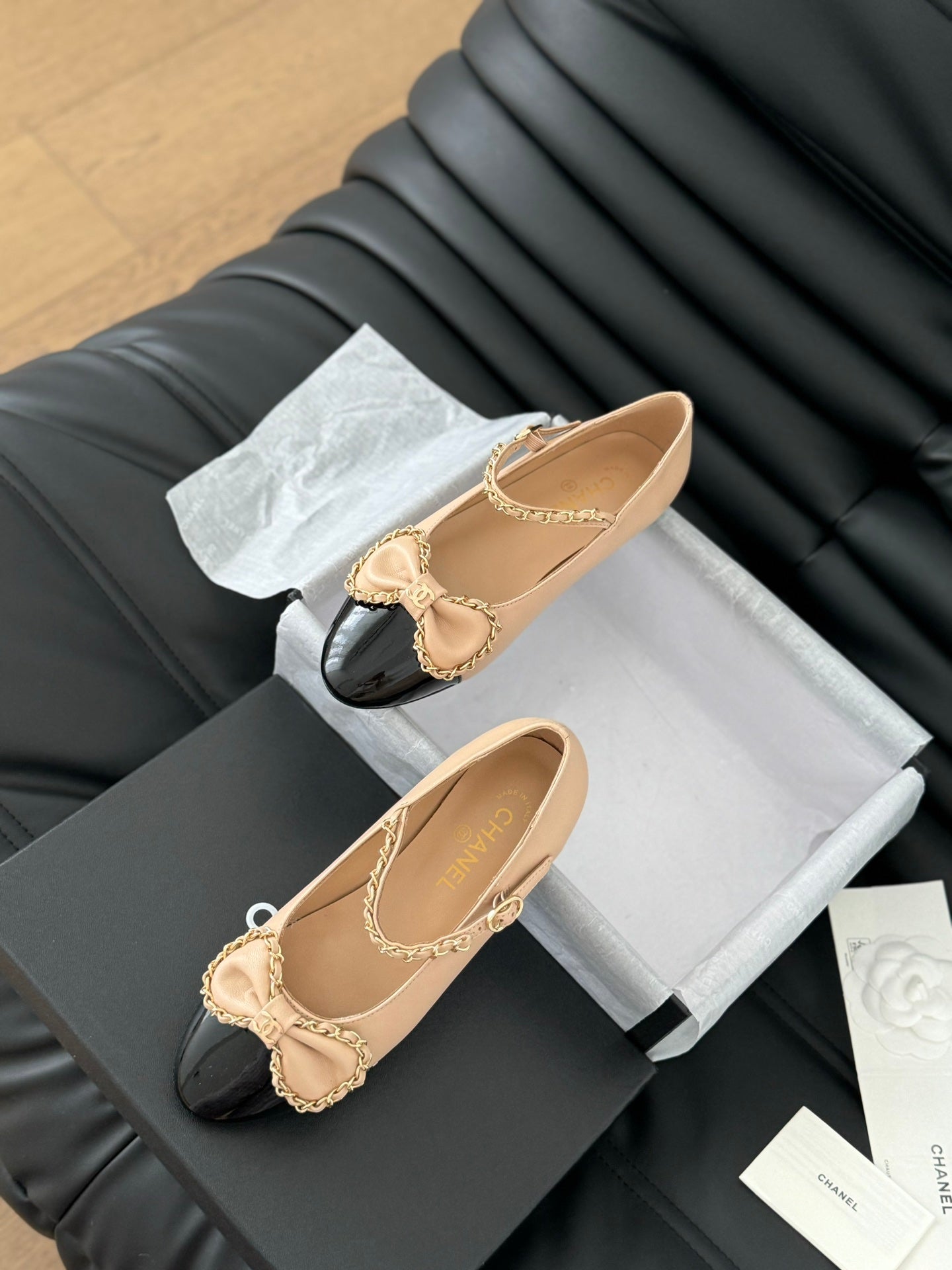 CHANEL BALLET FLATS IN SEPIA BEIGE LAMBSKIN WITH GOLD HARDWARE