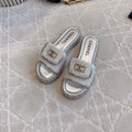 CHANEL PLATFORM SLIPPERS IN SILVER WOOL AND LAMBSKIN